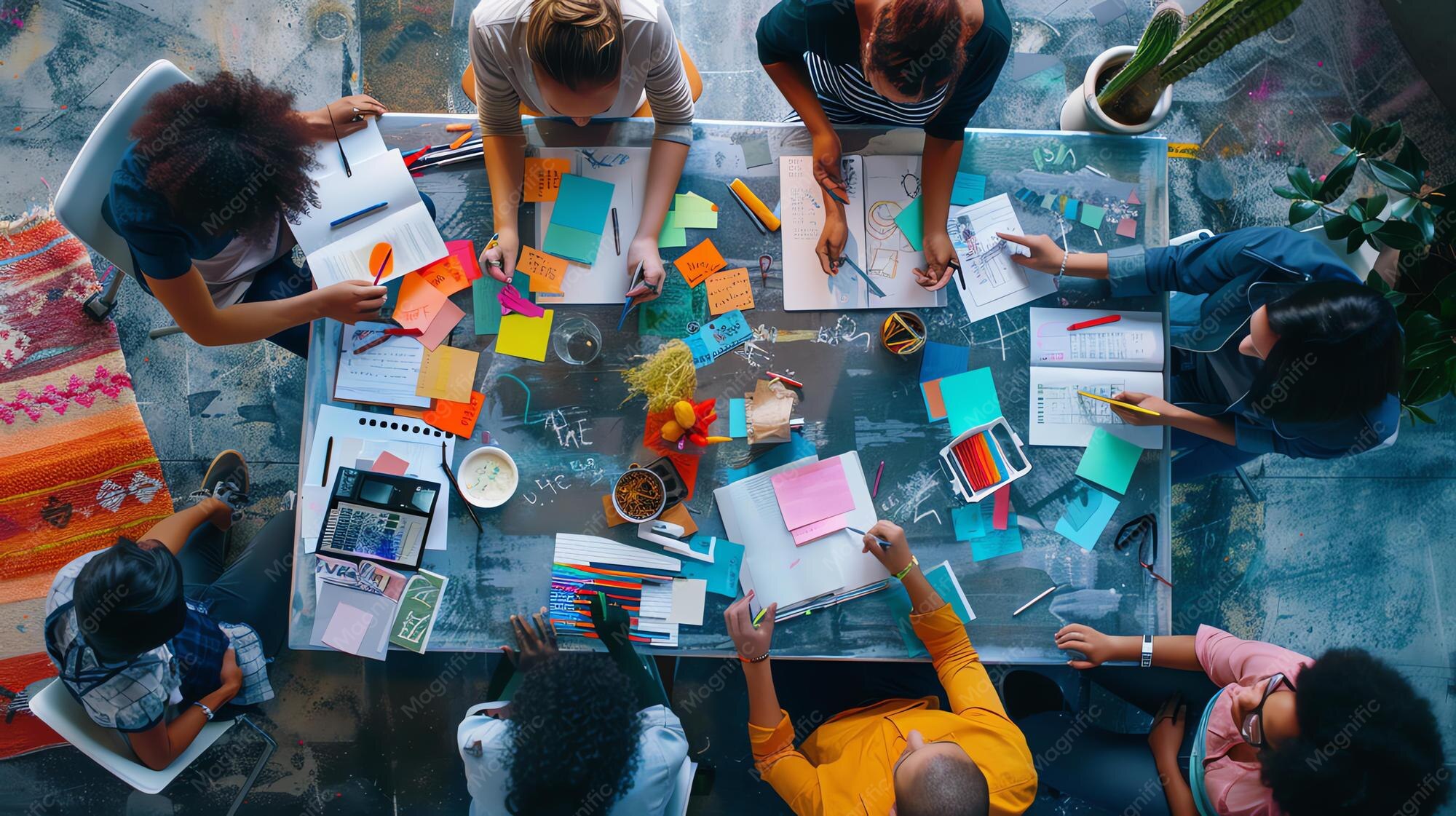 top view diverse group young creative professionals brainstorming ideas modern office 14117 112083